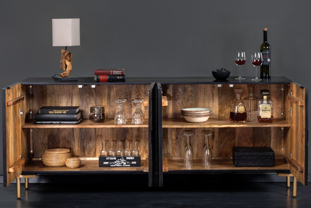 Massives Sideboard MANDALA 160cm Mangoholz schwarz mit 3D Schnitzereien goldene Füße