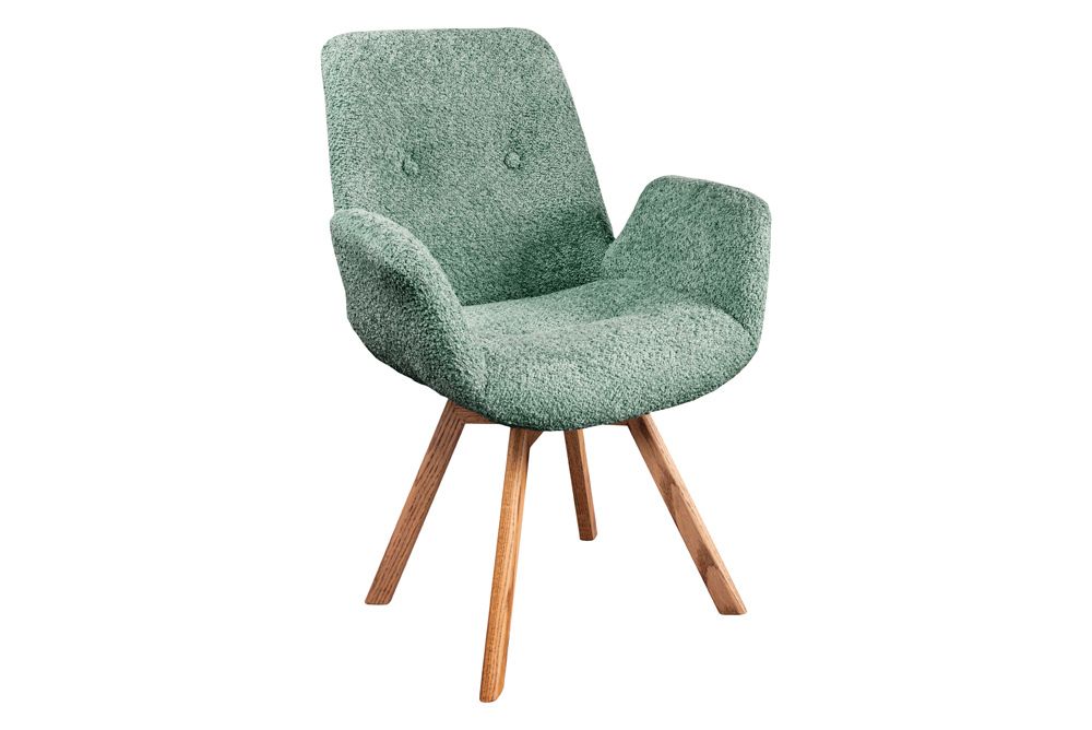 Drehbarer Design Stuhl BALTIC mint Bouclé natur Eiche Massivholz-Beine mit Armlehne