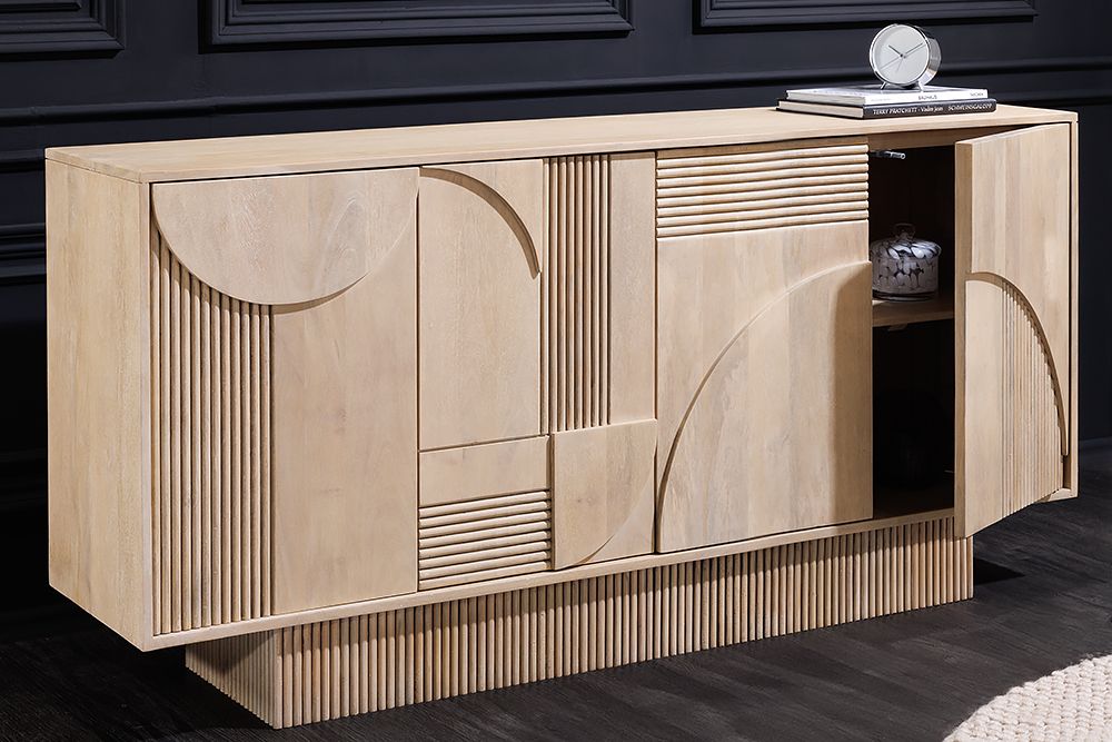 Design Sideboard ART DECO 170cm weiß gekälkt Mangoholz massiv 3D-Front