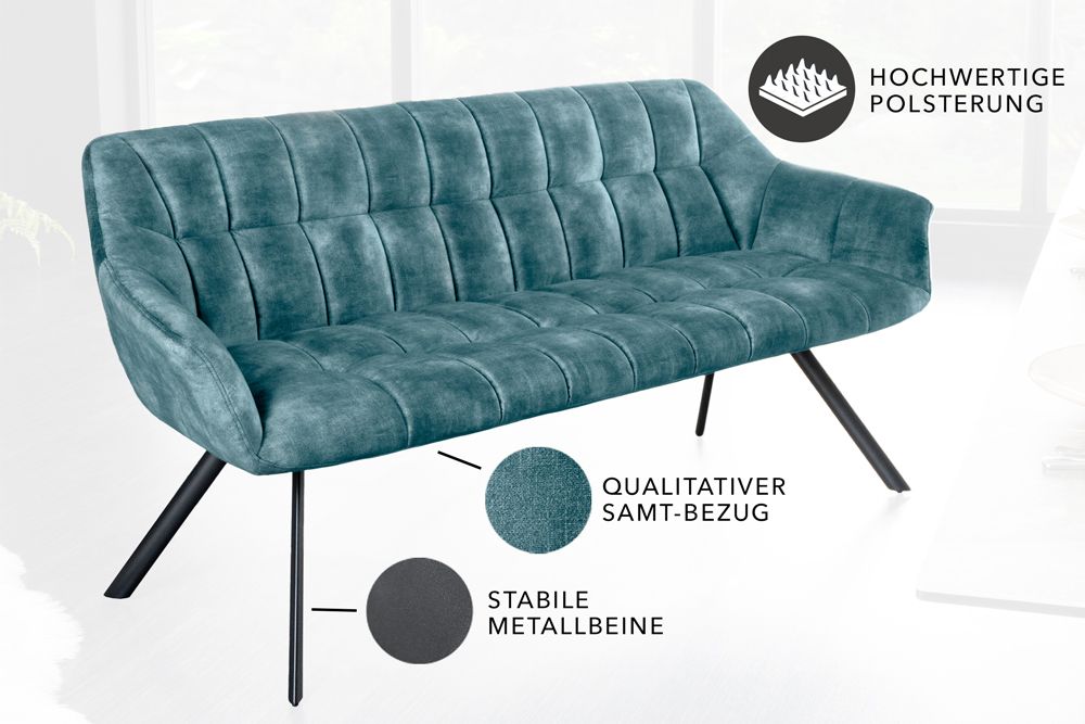 Esszimmer Sitzbank PAPILLON 165cm petrol Samt mit Lehnen schwarzes Metallgestell