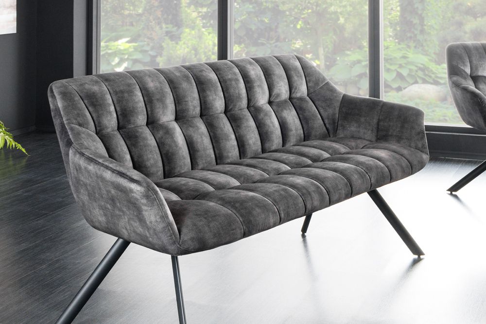 Esszimmer Sitzbank PAPILLON 165cm grau Samt mit Rückenlehne schwarzes Metallgestell