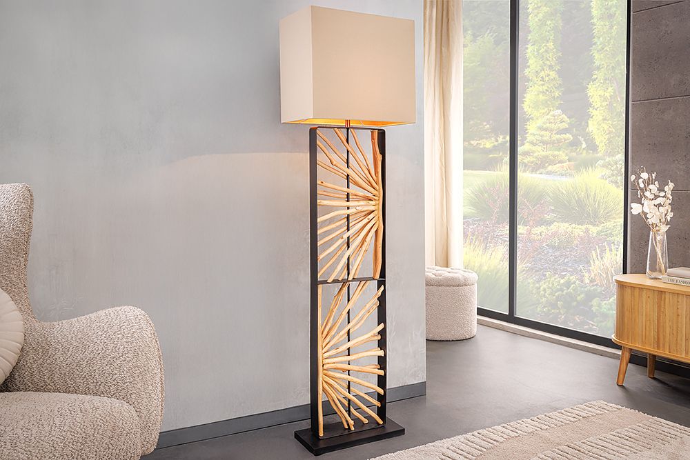 Handgefertigte Stehlampe EUPHORIA 165cm natur Longanholz beige mit Lampenschirm