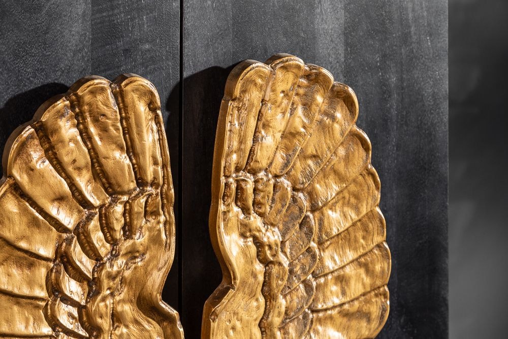 Extravagantes Highboard ANGEL 140cm schwarz Mangoholz mit goldenen Flügeln