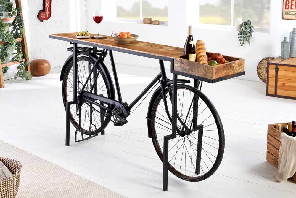 Retro Konsolentisch BICYCLE 195cm Mangoholz Fahrrad Bartisch Upcycling