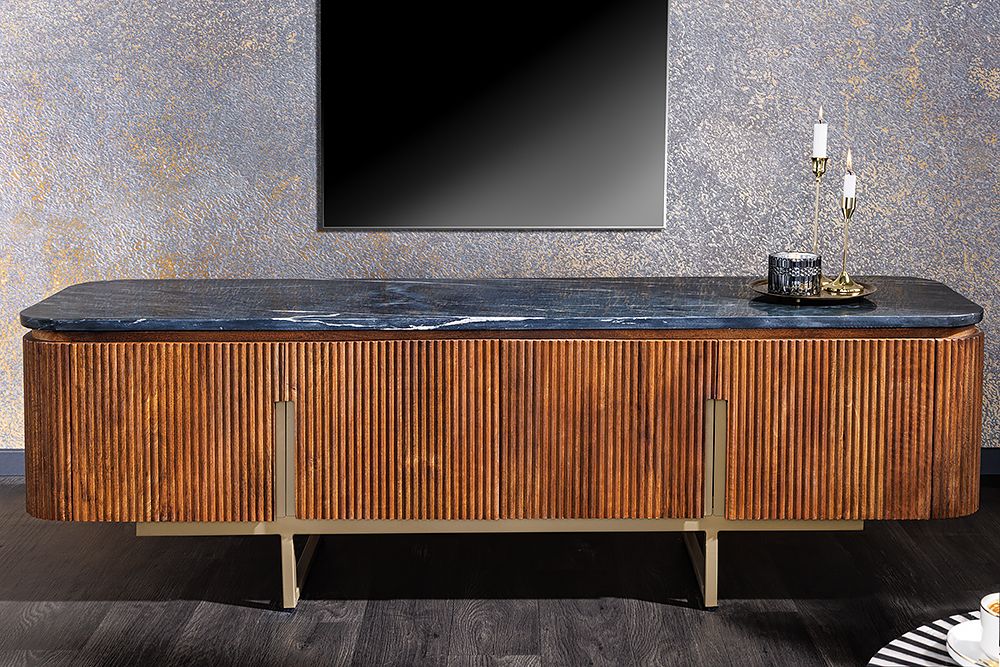Design TV-Board GATSBY 160cm braun gold Mangoholz Marmor Metallgestell