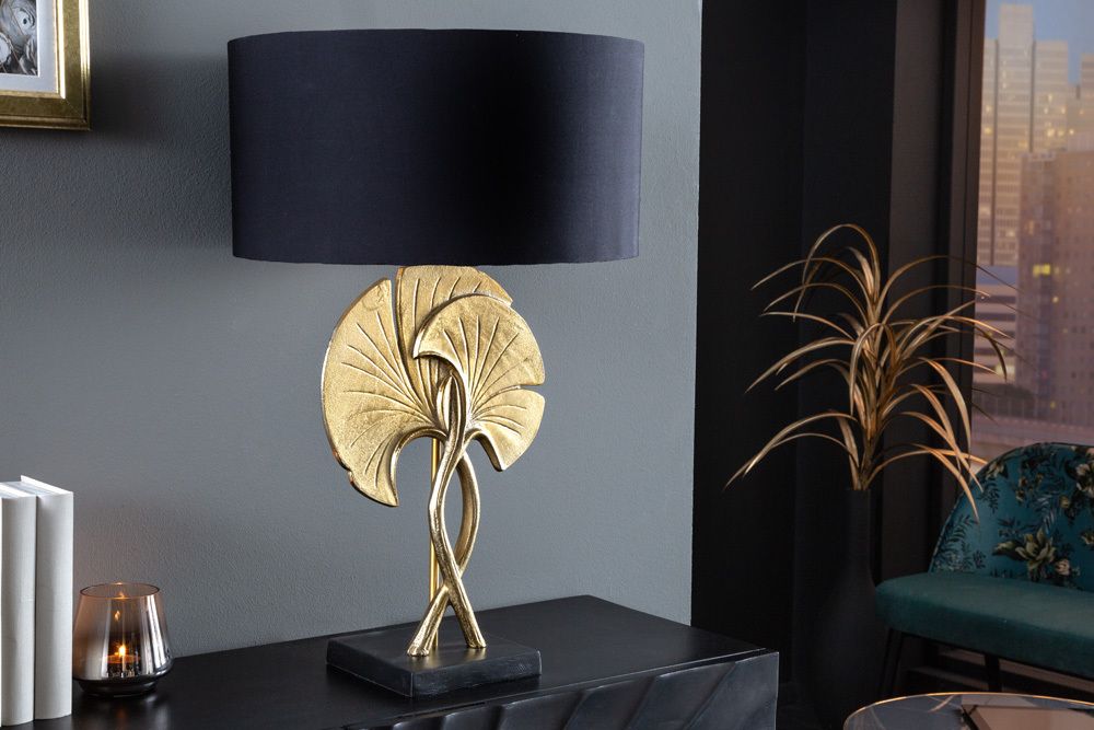 Dekorative Tischlampe GINKGO 62cm schwarz gold Metall Skulptur Leuchte mit Marmorfuß