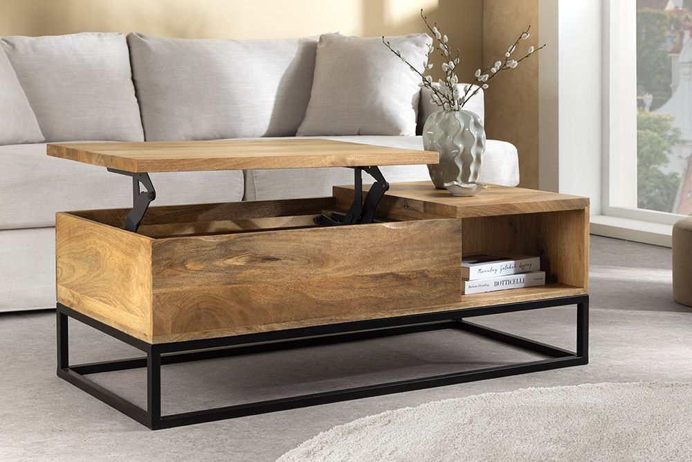 Höhenverstellbarer Couchtisch MAKASSAR FUNCTION 110cm natur cream finish Mangoholz massiv