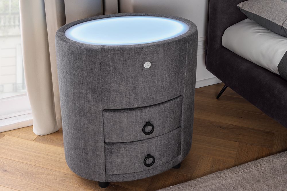 Nachttisch SIGNUM 55cm oval grau Vogue Seiden Samtstoff inkl. Beleuchtung Schubladen