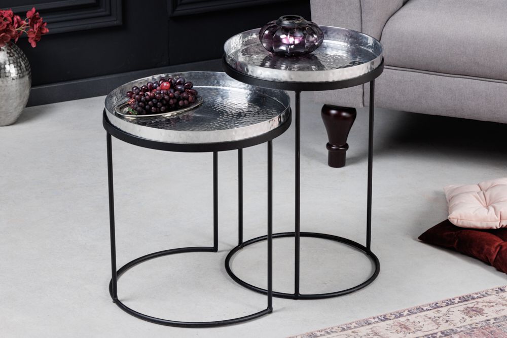 Design 2er Set Beistelltisch ELEMENTS 55cm silber Hammerschlag handmade rund