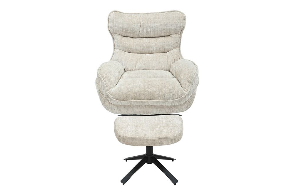 Drehbarer Hocker CLOUD champagner beige Chenillestoff schwarz Metall Fußhocker