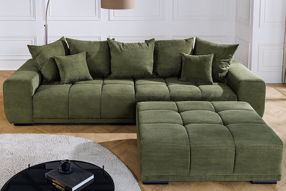 Modernes XXL Sofa ELEGANCIA 285cm grün Cord Federkern inklusive Kissen Bigsofa