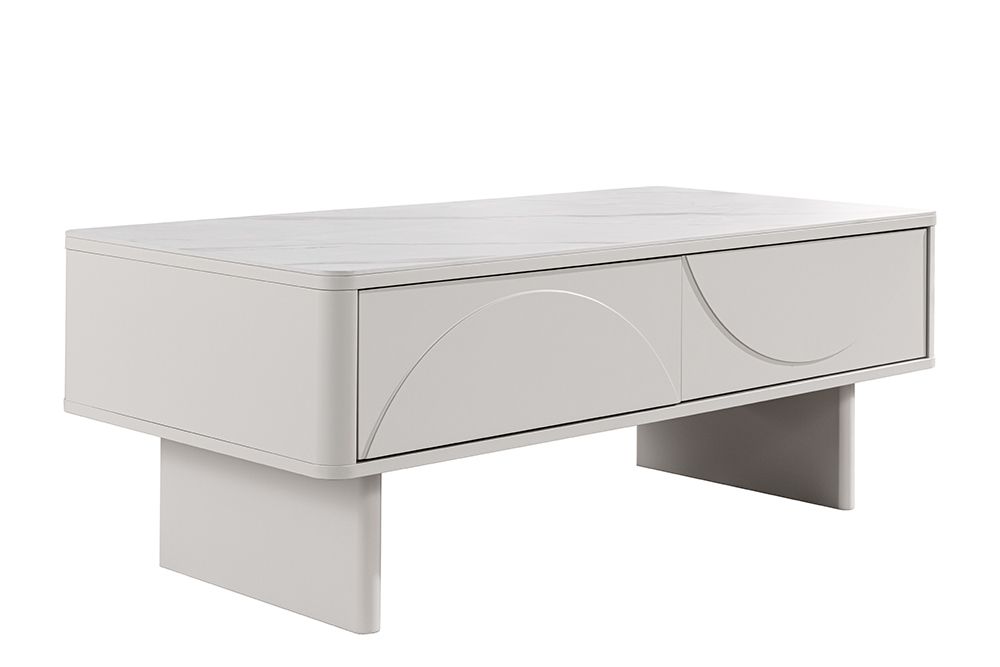 Design Couchtisch SAVOY 120cm kaschmir weiß Keramik Marmor mit Schubladen