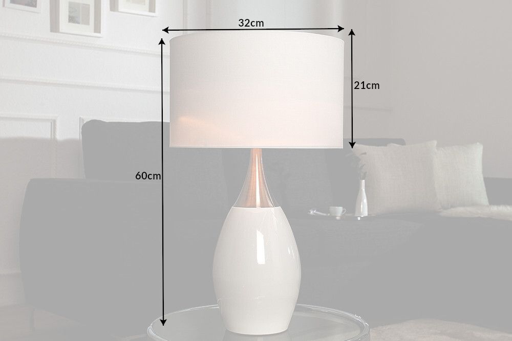 Moderne Tischlampe CARLA 60cm weiß silber mit Leinenschirm
