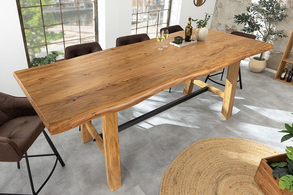 Massiver Bartisch MAMMUT 220cm natur Akazie Baumkante schwarz Metall