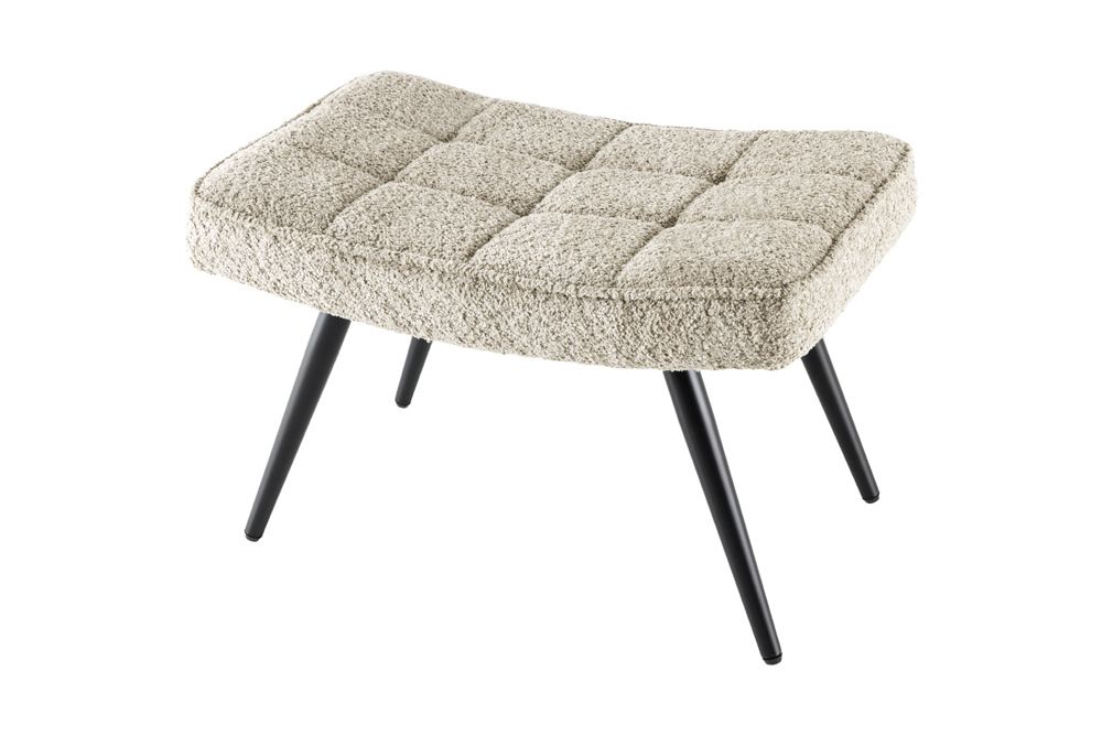 Moderner Hocker SCANDINAVIA champagner greige Bouclé schwarze Metallbeine Fußhocker