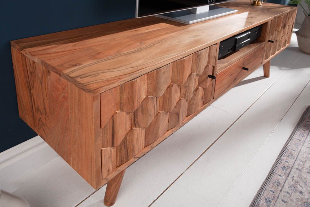 Massives TV-Board MYSTIC LIVING 140cm Akazie natur 3D Oberfläche Massivholz