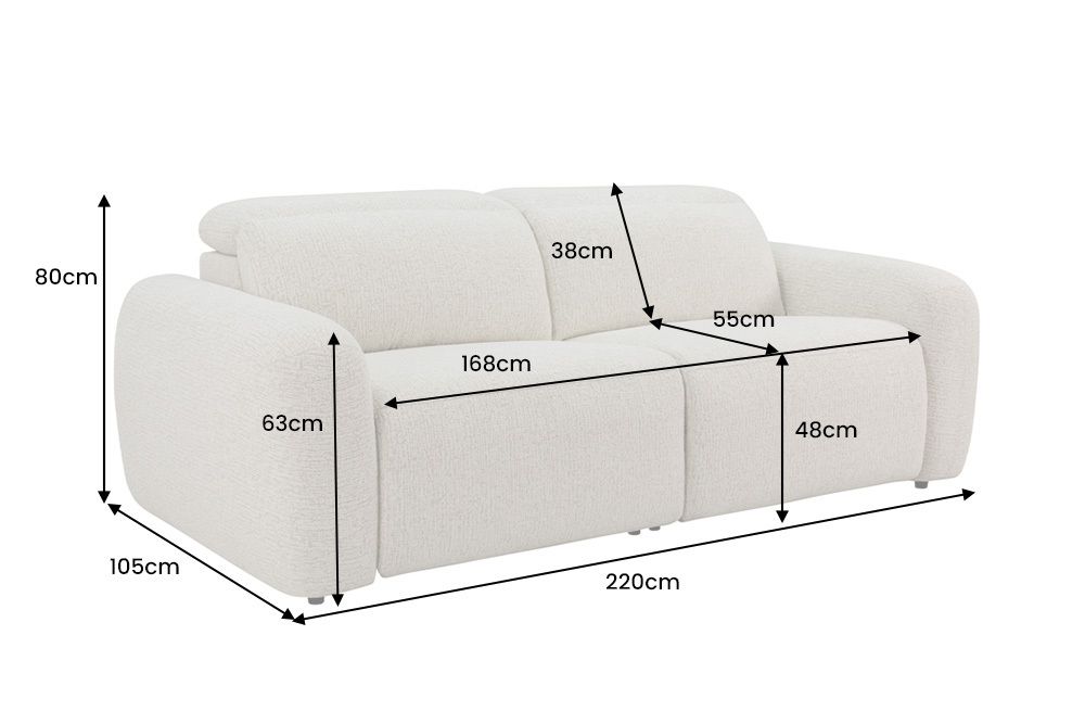 3er Sofa MILANO 220cm beige Bouclé Tweed Soft elektrisch verstellbare Fuß und Kopfstütze
