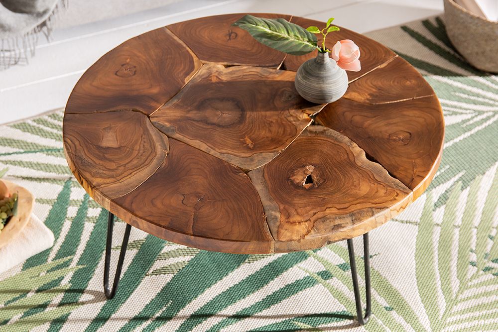 Runder Massivholz Couchtisch MOSAIK 70cm natur Teak Hairpin Legs schwarz Metall handmade