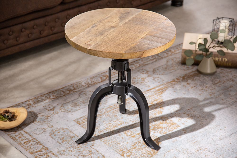 Höhenverstellbarer Beistelltisch ENGINEER 50cm Mangoholz Industrial Design massiv rund Eisen
