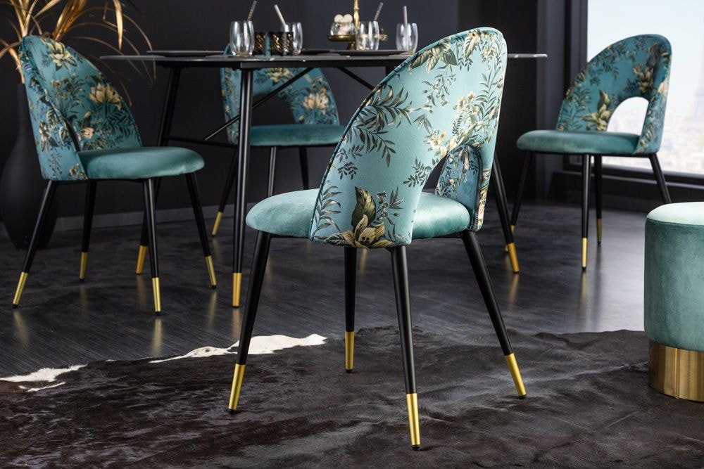 Design Stuhl PRÊT-À-PORTER türkis Samt florales Muster und goldene Fußkappen