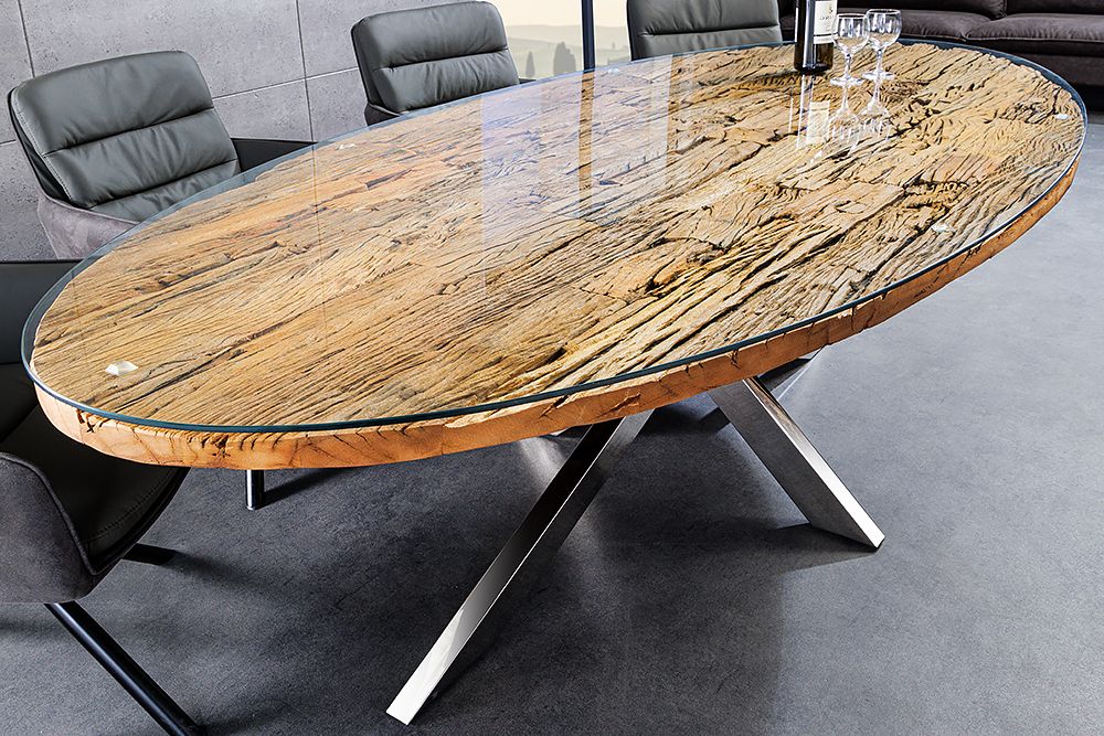 Massiver Esstisch BARRACUDA 220cm braun Teakholz silber Sterngestell Glasplatte
