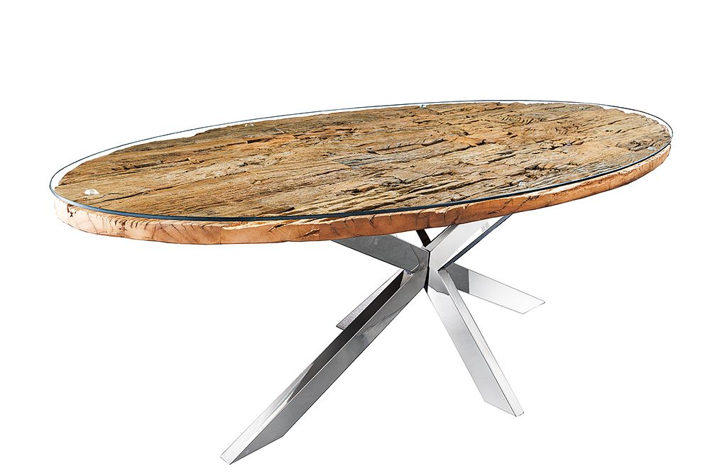 Massiver Esstisch BARRACUDA 220cm braun Teakholz silber Sterngestell Glasplatte