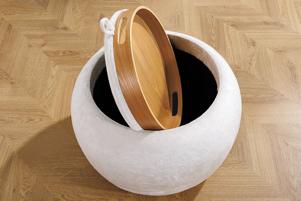 Runder Couchtisch ORBIT 50cm beige Bouclé Hocker mit Tablett und Stauraum