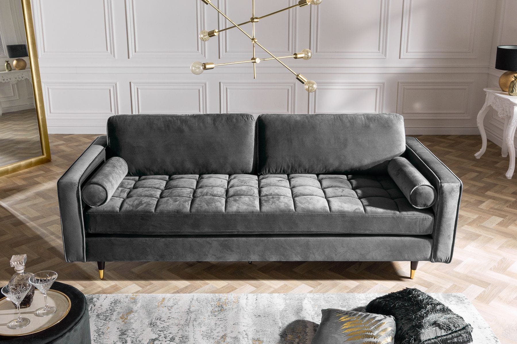 Design 3-Sitzer Sofa COZY VELVET 220cm grau Samt Federkern Lounge