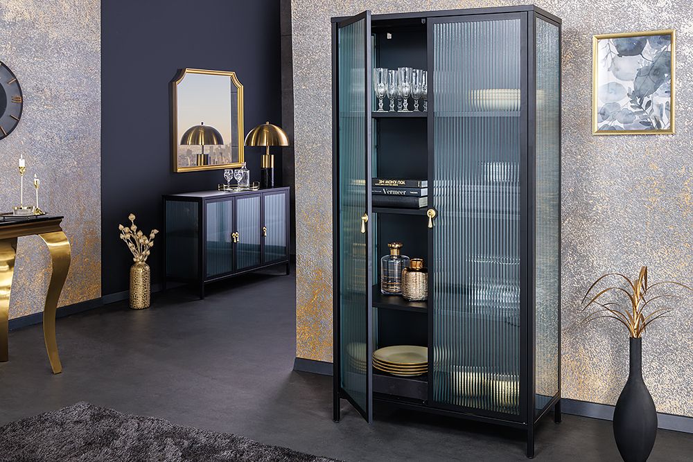 Moderne Vitrine AMSTERDAM 160cm schwarz gold Riffelglas Metall Highboard Schrank