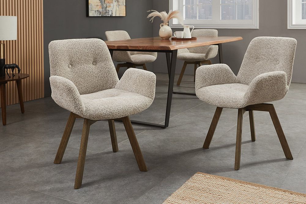 Drehbarer Design Stuhl BALTIC taupe Bouclé Tweed Soft Eiche Massivholz Walnuss