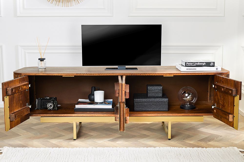 Design TV Board GATSBY 160cm braun mattgold Mangoholz Retro
