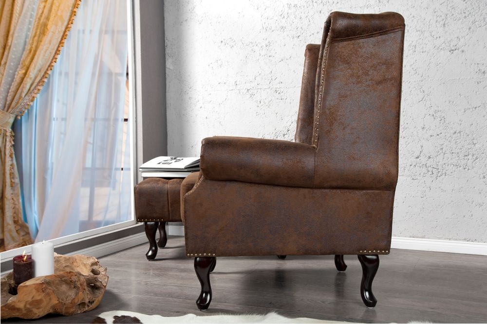Chesterfield Sessel 85cm antik braun Microfaser mit Knopfheftung