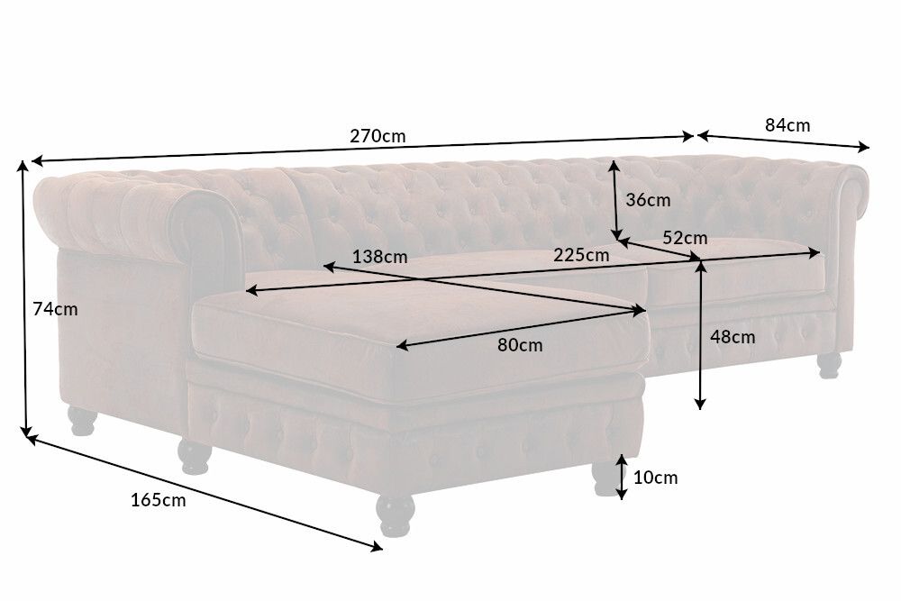 Design Ecksofa CHESTERFIELD 270cm antik braun Microfaser Federkern Ottomane links Vintage