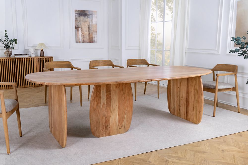 Design Esstisch SCULPTURA 240cm natur Akazie Massivholz mit skulpturalem Wangenfuß