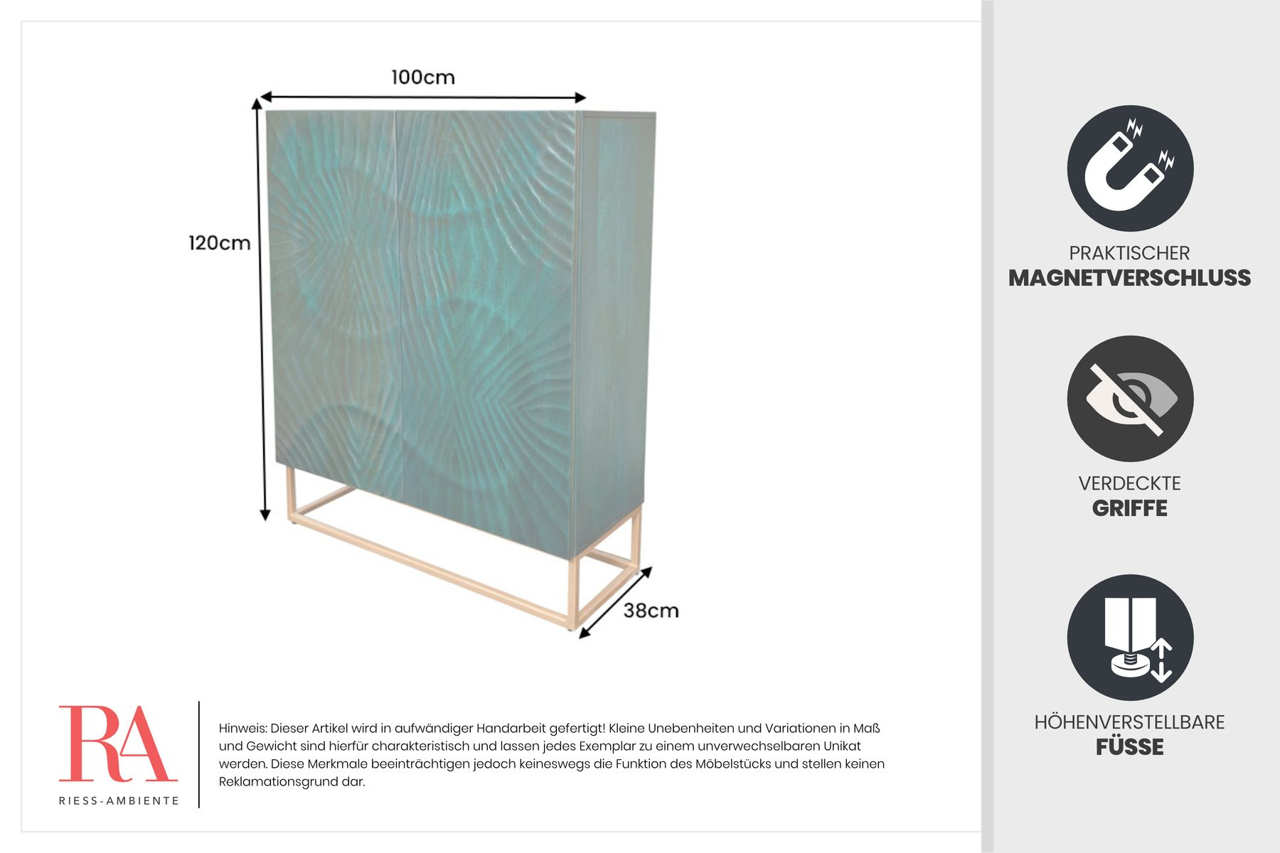 Massives Highboard SCORPION 120cm türkis Mangoholz mit 3D Schnitzereien gold Metall
