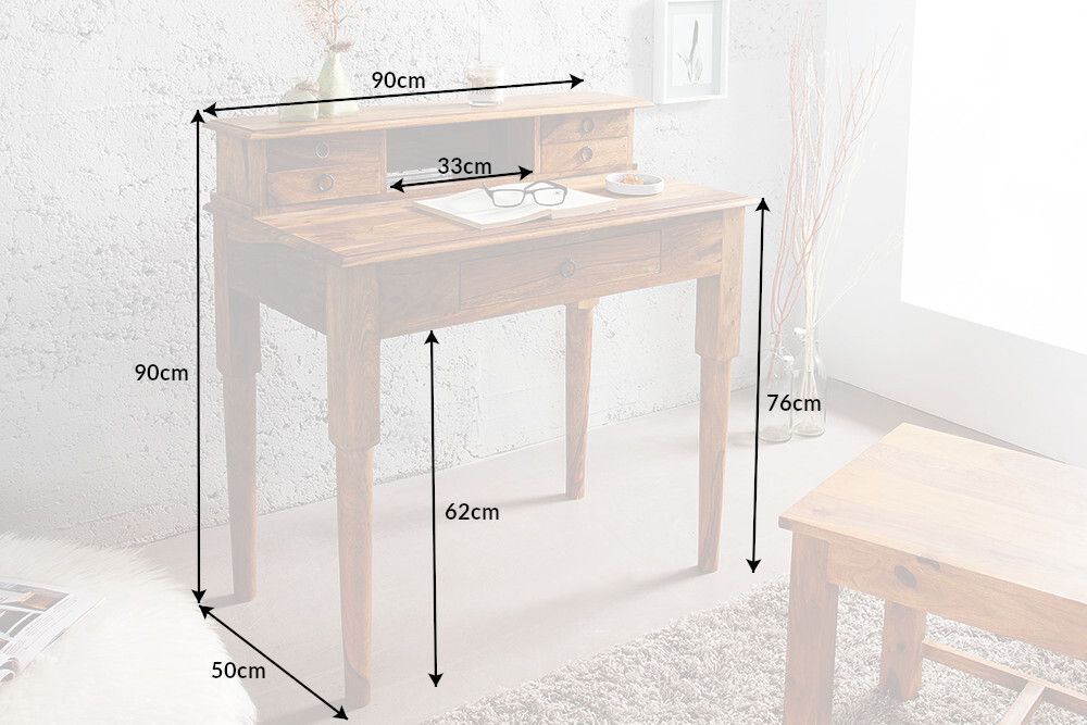 Design Sekretär HEMINGWAY M 90cm braun Sheesham Massivholz stone finish Schreibtisch