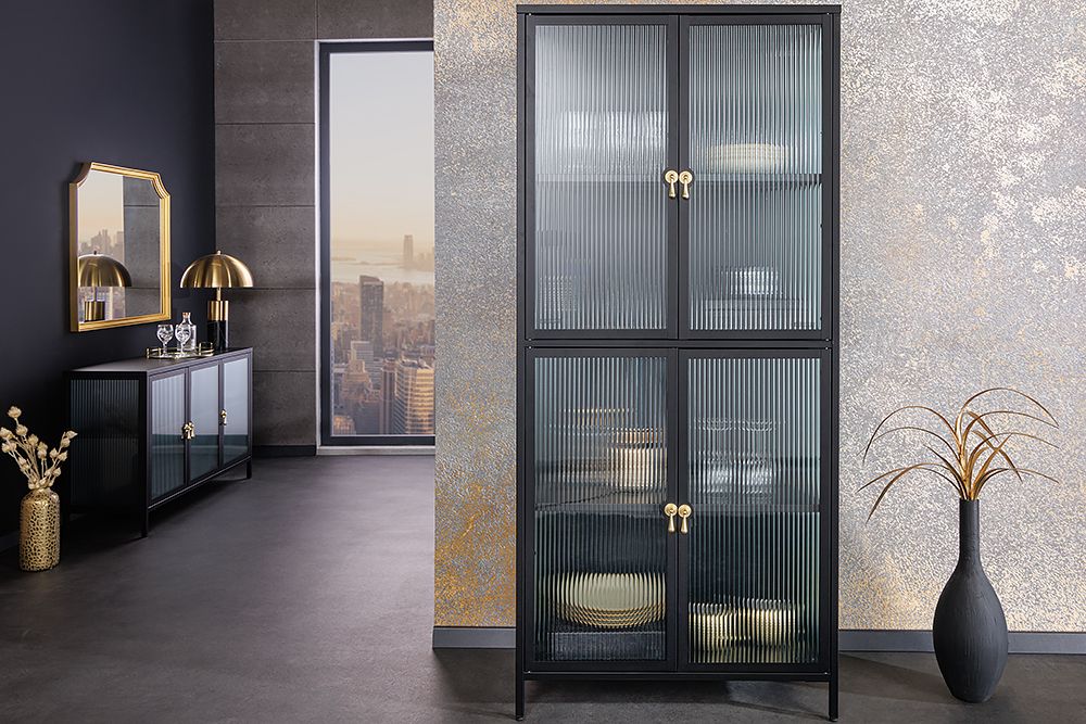 Moderne Vitrine AMSTERDAM 180cm schwarz gold Riffelglas Metall Highboard Schrank