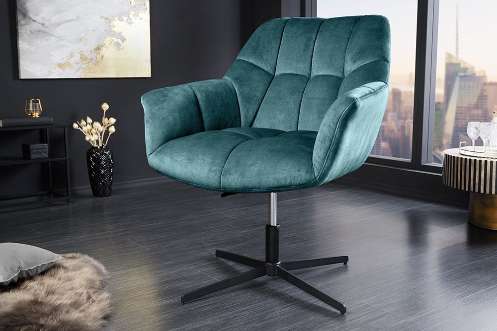 Drehbarer Design Sessel PAPILLON petrol Samt 360° schwarz Metall höhenverstellbar
