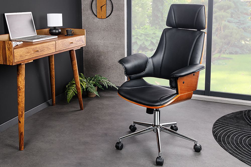 Höhenverstellbarer Bürostuhl MANHATTAN Kunstleder Walnuss mit Armlehne Retro Design