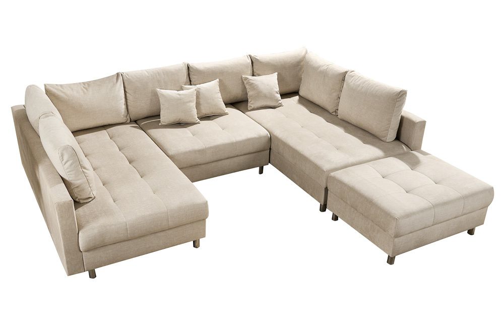 XXL Wohnlandschaft KENT 305cm champagner beige Vogue Velours Samt Federkern mit Hocker