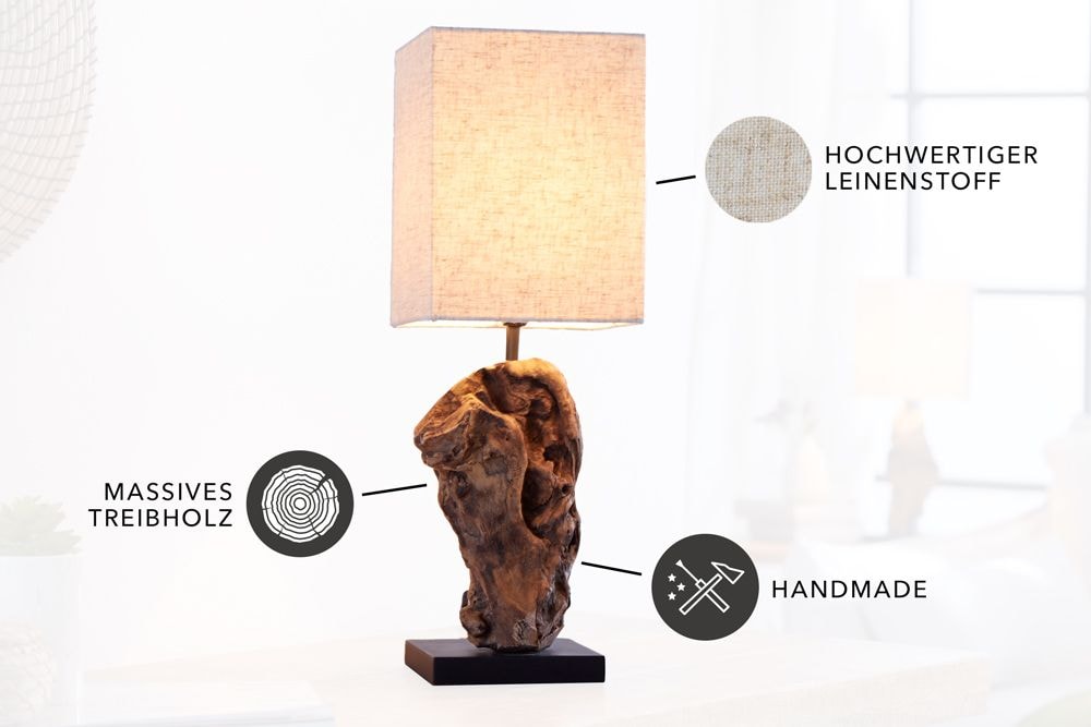 Handgearbeitete Treibholz Tischlampe HYPNOTIC 45cm beige mit Leinenschirm