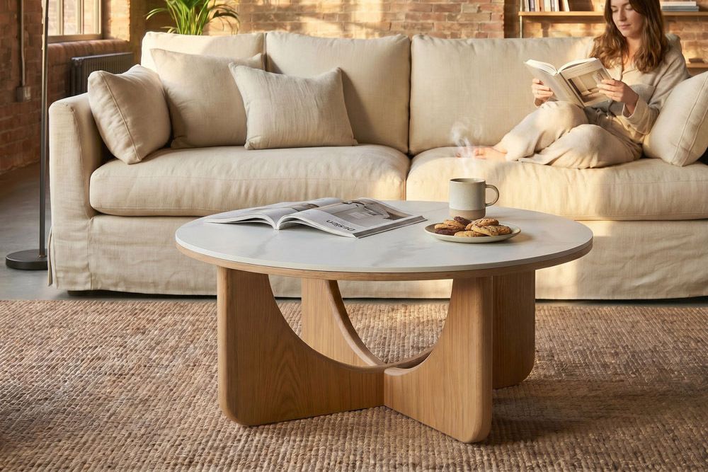 Runder Couchtisch ENSO 80cm weiß Marmor Keramik Eichenholz