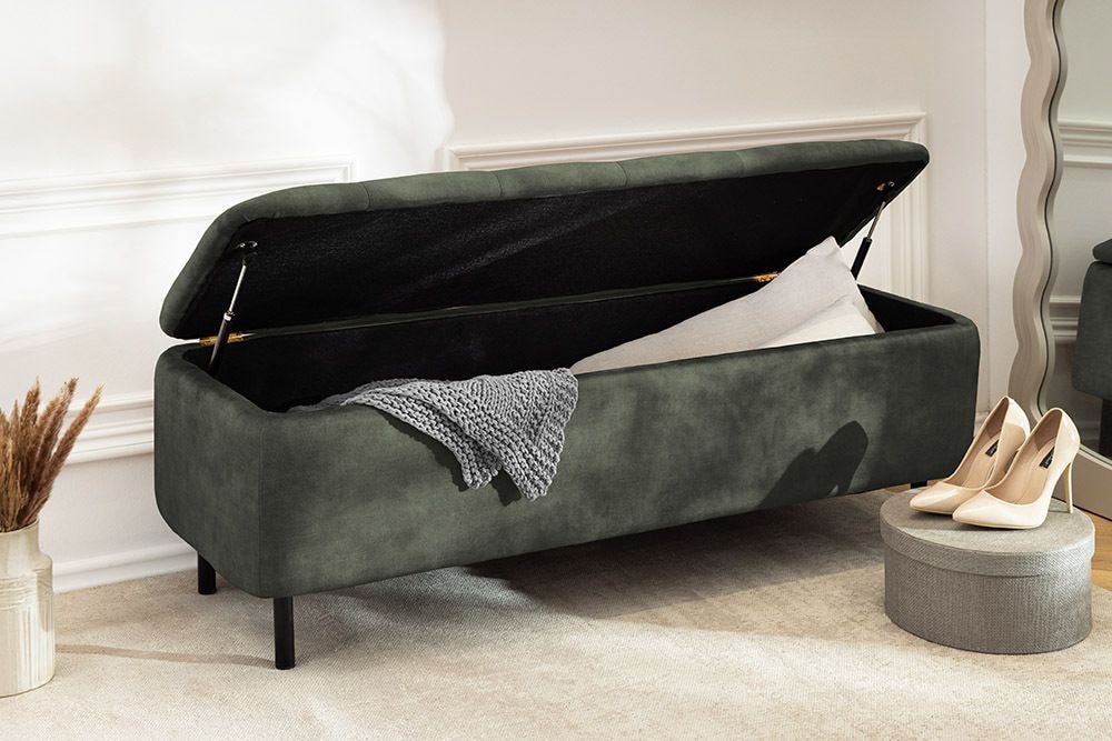 Extravagante Polsterbank EN VOGUE 120cm grün Samt mit Stauraum schwarze Metallbeine