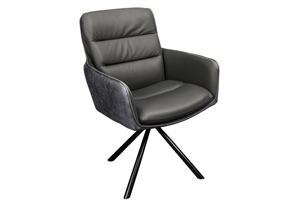 Drehbarer Stuhl BIG GEORGE grau Echtleder Microfaser mit Armlehne schwarze Metallbeine