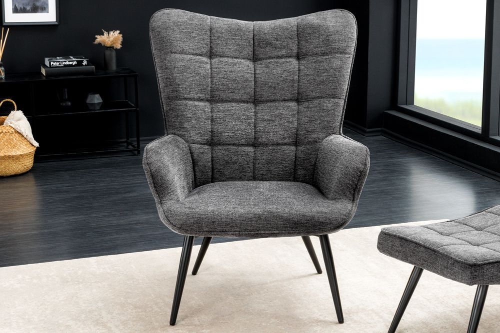 Moderner Sessel SCANDINAVIA grau Strukturstoff schwarze Metallbeine mit Armlehnen