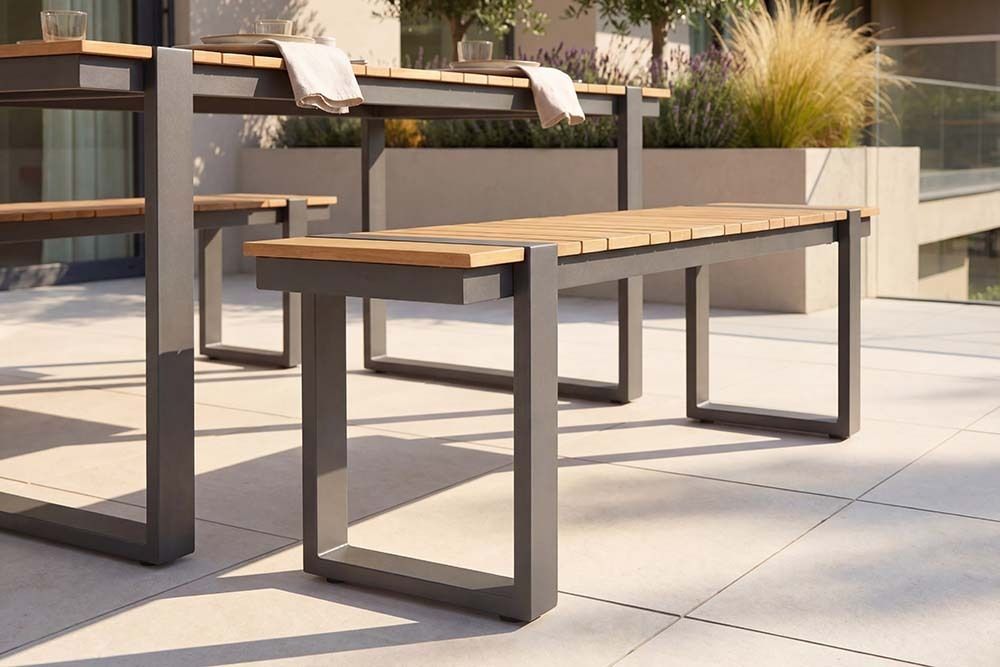 Moderne Outdoor Sitzbank TAMPA LOUNGE 125cm grau natur Aluminium Metall Holz-Design wetterfest