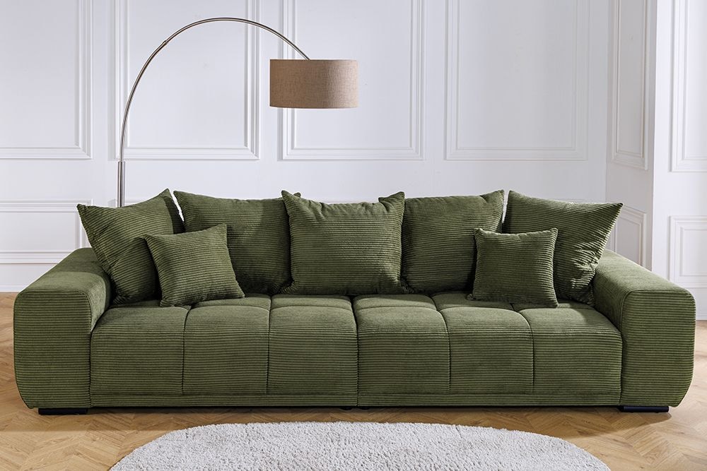 Modernes XXL Sofa ELEGANCIA 285cm grün Cord Federkern inklusive Kissen Bigsofa