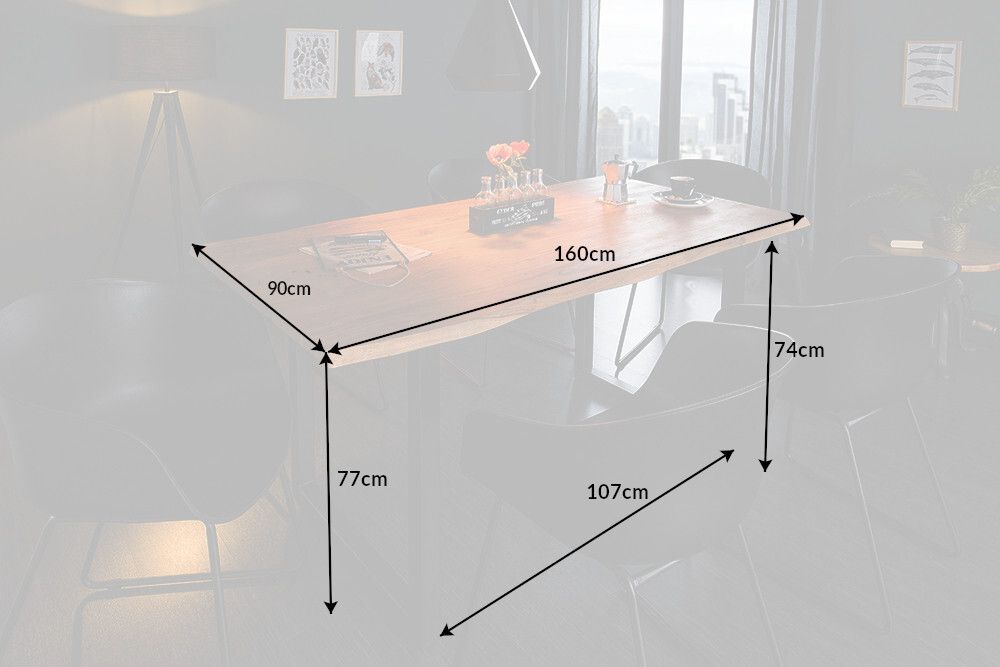 Massivholz Esstisch MAMMUT 160cm Wild-Akazie Industrial Design 2,6cm Tischplatte Baumkante