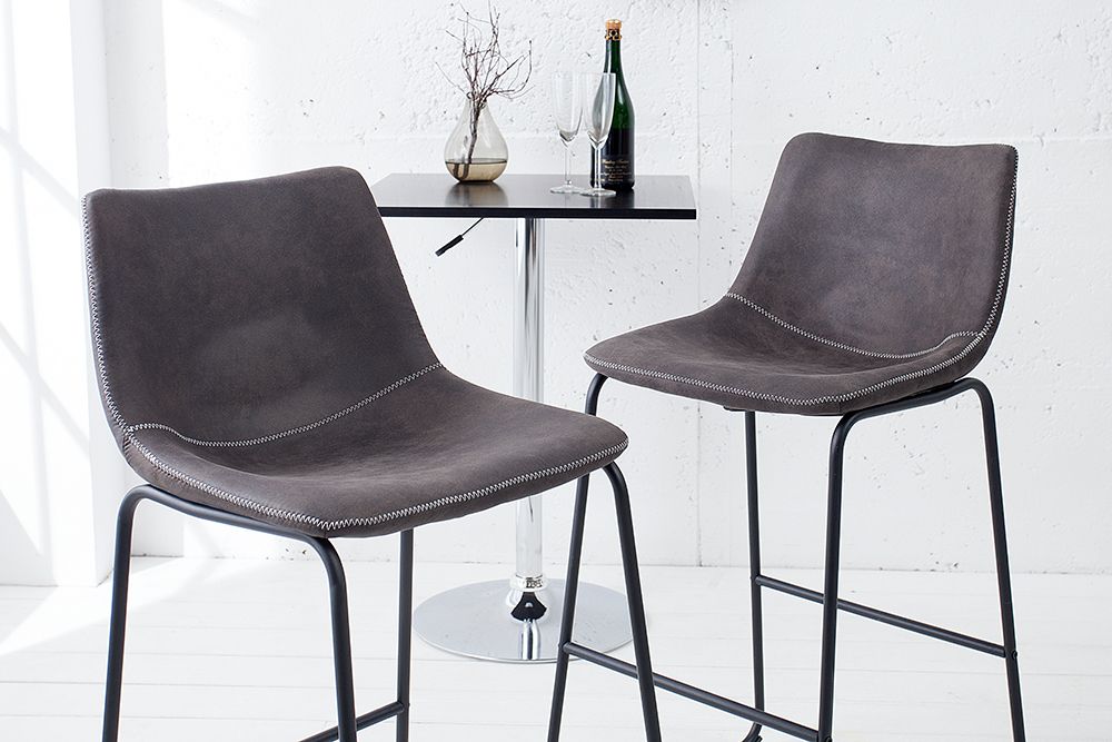 Design Barhocker DJANGO vintage grau Microfaser mit Lehne Eisengestell schwarz