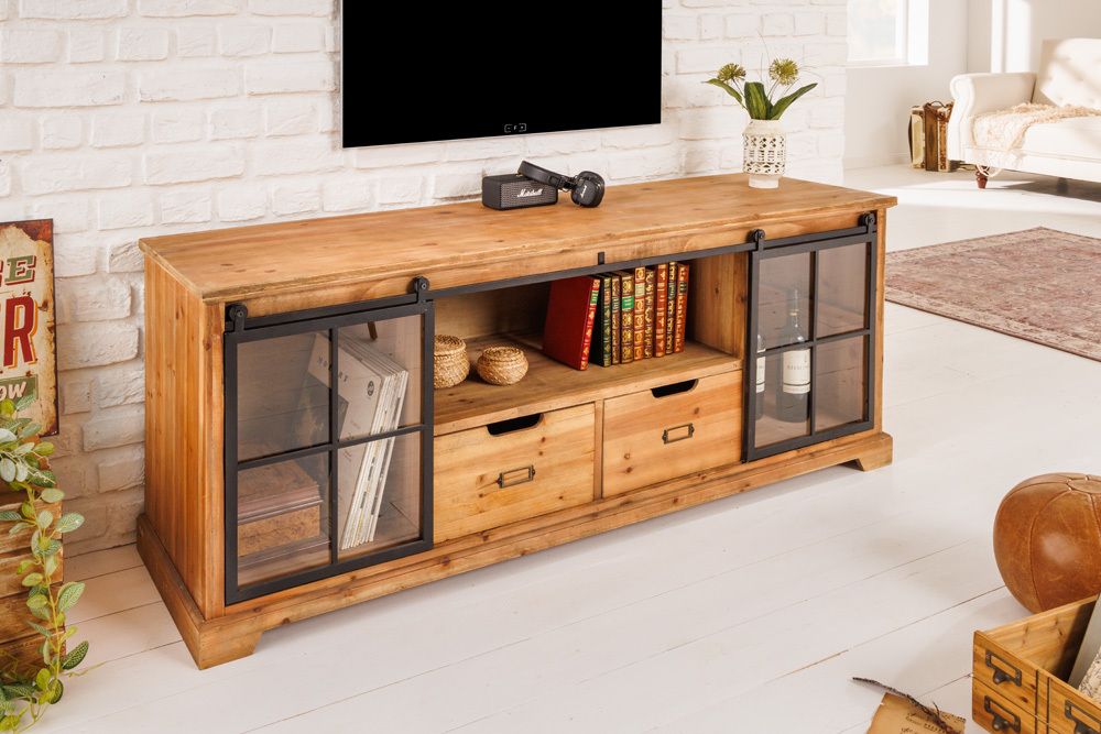 Massives Lowboard HERITAGE 160cm natur Pinie Industrial-Türen Metall Vitrine